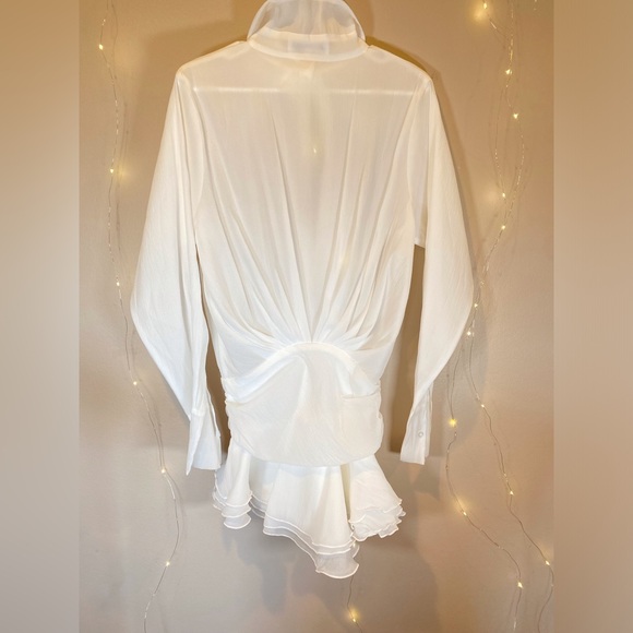 Pleated Chiffon White Mini Dress Melrose Shirt Dress - Picture 5 of 6